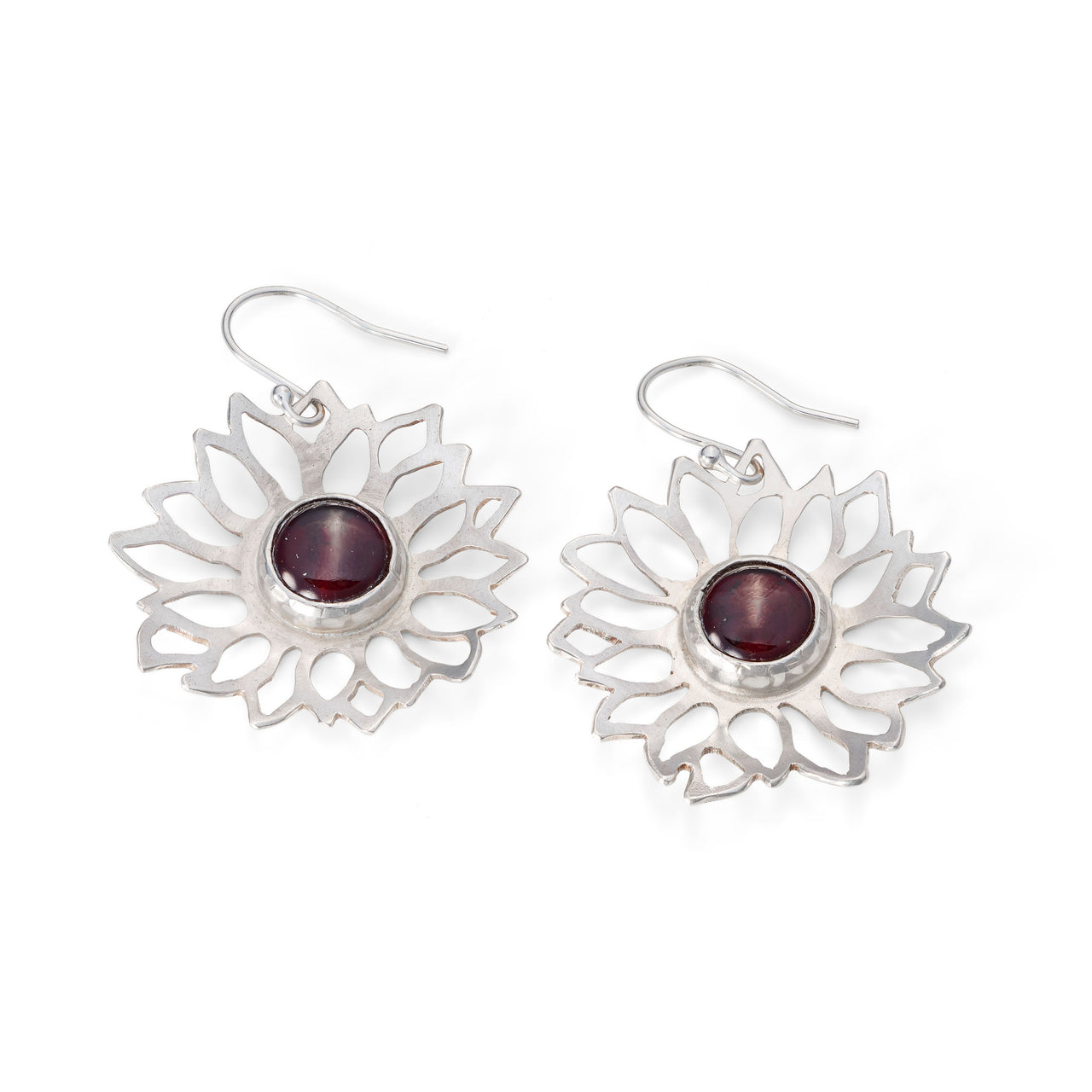 Silver dahlia earrings with garnets.