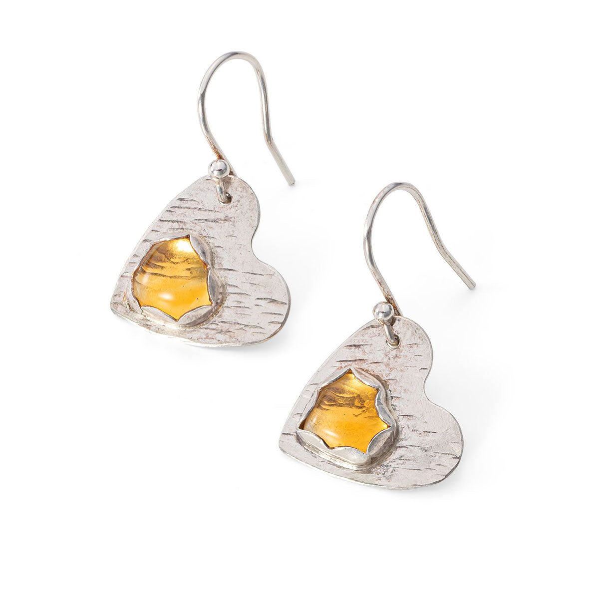 Silver and citrine heart earrings